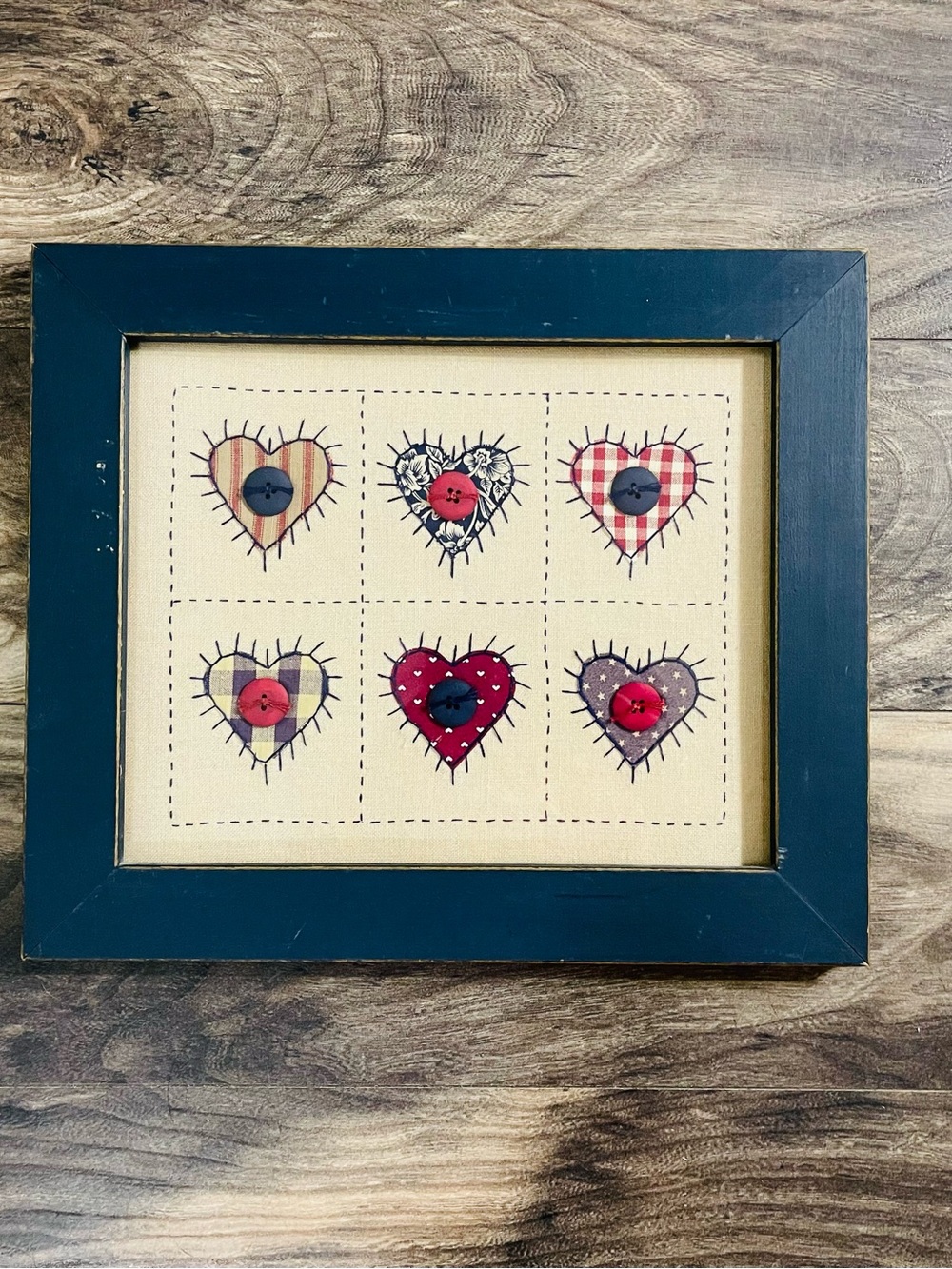 Primitive style framed hearts with button accents. 11 x 13